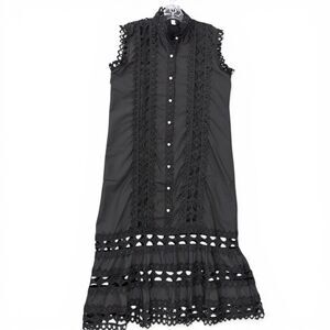 Xing Chen Kai Black Eyelet Lace Midi Dress S Sleeveless High Neck Button Front